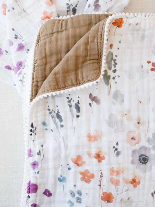 Organic Muslin Gauze Quilt Baby Blanket: Violet Floral