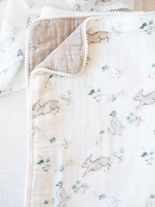 Organic Muslin Gauze Quilt Baby Blanket: Ivy Hollow Bunny