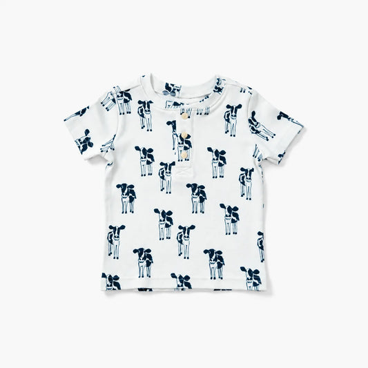Short Sleeve Henley in Cow Print