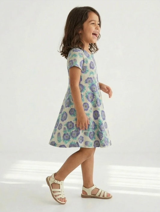 Purple Poppies Short Sleeve Twirl Dress