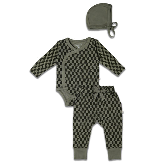 Checkered Organic Kimono Onesie & Pants Set