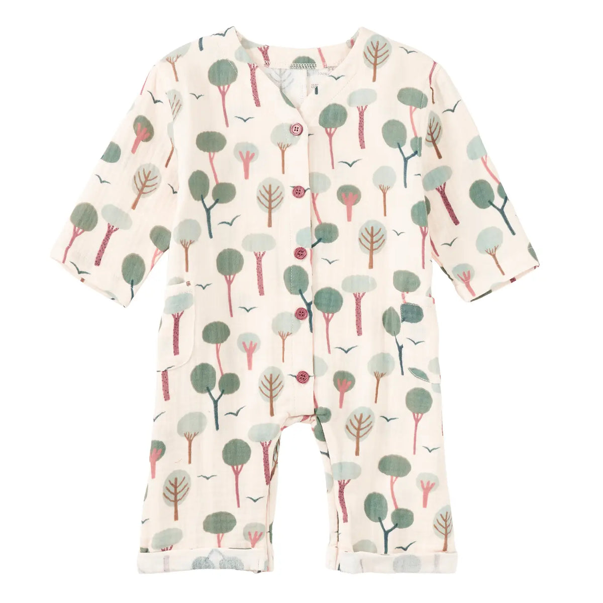 Muslin Patch Pocket Romper in Evergreen Trail