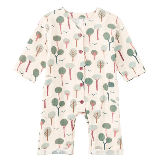 Muslin Patch Pocket Romper in Evergreen Trail